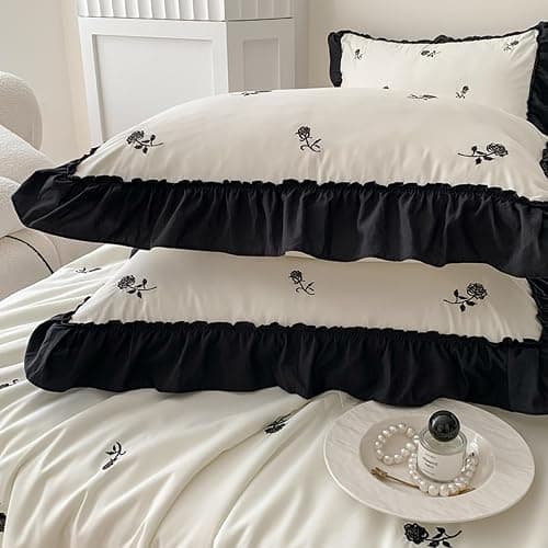 Sedefen Housse de Couette 140x200cm Volants Fleurs Broderies Parure de Lit Blanc Noir Feuille de Lotus 1 Personnes Ado Linge de Lit en Microfibre avec Fermeture Éclair et 1 Taie d'oreiller 65x65cm thumbnail 7