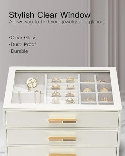 VLANDO Jewelry Box for Women, Glass Lid Jewelry Organizer with 3 Drawers for Necklaces Rings Earrings Bracelets Mother Day Gift for Mom - Cloud White thumbnail 6