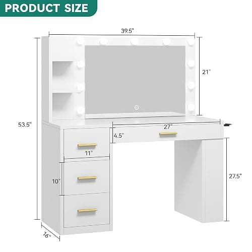 YITAHOME Vanity Desk with Mirror & Lights, Makeup Vanity Table Set with Power Outlet, 4 Drawers, 6 Open Shelves Above and 3 Lighting Modes Dressing Table thumbnail 2