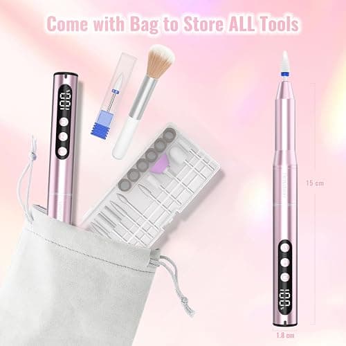 Denabuty Electric Nail Drill Cordless 35000RPM Portable Electric Nail File | Nail Drill with LCD Display and 12 Nail Drill Bits for Acrylic & Gel Nails, Professional Manicure & Pedicure Kit Set Pink thumbnail 7