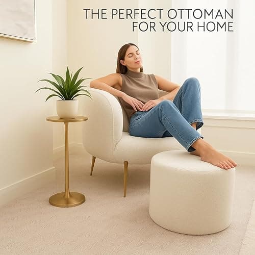 KKdema White Round Ottoman Foot Rest Stool – Clean Boucle Fabric Footstool with Soft Foam Filling, Lightweight Modern Pouf for Minimalist Living Room, Bedroom, Office – Pure White thumbnail 7