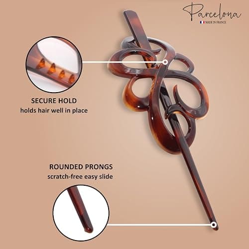 Parcelona French Wide Flower Tortoise Shell Brown Bun or Ponytail Bun Holder Hair Slider Pin Thru Clip with Stick thumbnail 3