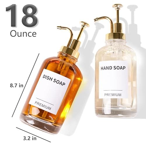 Dish Soap Dispenser for Kitchen, Hand Glass Soap Dispenser Set with Pump, Tray, Funnel for Bathroom, Shower, Laundry, Liquid, Lotion (Gold 2 Pack 18 Oz Clear Bottles with 12 Stickers) thumbnail 3