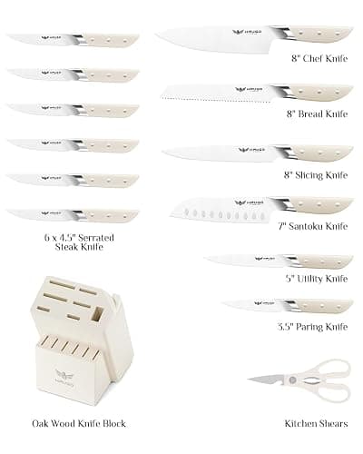 Haugo Kitchen Knife Set with Block: 14-Piece German Stainless Steel Full Tang Professional Knife - Comfortable Grip Reduces Hand Fatigue 30% - Dishwasher Safe & Sharpener - White Knife Set for Cooking thumbnail 3