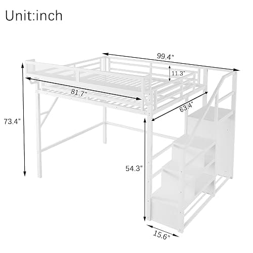 KEIKI Queen Size Metal Loft Bed Frame with Convertible Staircase, Built-in Storage Shelves and Wardrobe, Loft Bed with Solid Slats, Guardrail, No Box Spring Required, Easy Assembly, for Bedroom, White thumbnail 2