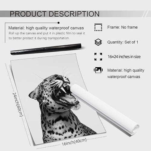 OMANI Wildlife Cheetah Roaring Posters Funny Black and White Leopard Wall Art Trendy Animal Eclectic Aesthetic Canvas Prints for Living Room Bedroom Wall Decor 16X24 inch Unframed thumbnail 2