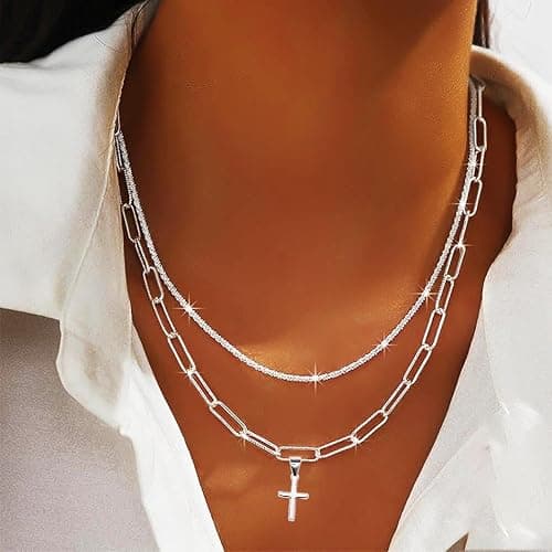 Yalice 925 Sterling Silver Sparkly Necklace Layered Dainty Chain Necklace Silver Cross Pendant Paperclip Necklaces Waterproof Minimalist Jewelry Gifts thumbnail 3