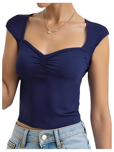 RoseSeek Girl's Ruched Cap Sleeve Tops Sweetheart Neck Slim Fit Cropped T Shirts Cute Summer Clothes - Image 1
