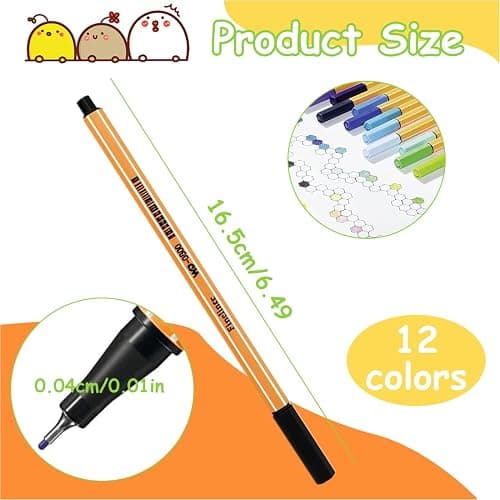 Fineliner,12 Stück,12 Farben,0.4mm Fineliner Stifte mit ergonomischem Griff, Zeichnungs- und Faserstifte mit feiner Spitze für Erwachsene, Lebendige farbige Kunststifte thumbnail 2