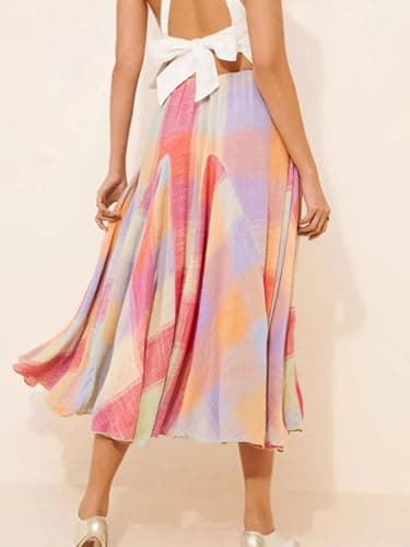 CHARTOU Women Multicolour Plaid Ruffle Elastic Waist Flowy Long Skirt Summer Ruche Color Block Gingham Skirt thumbnail 4