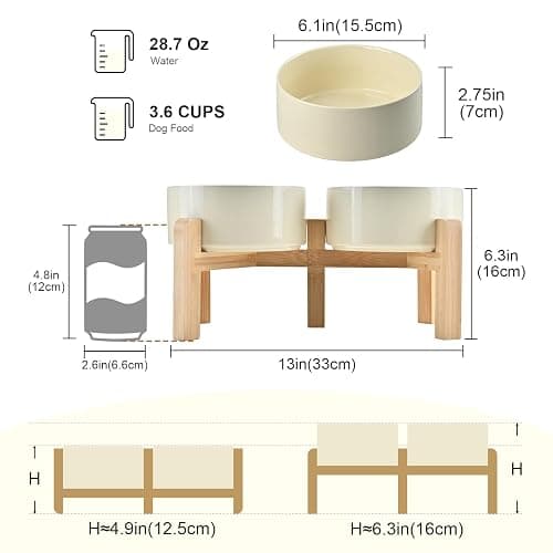 SPUNKYJUNKY Elevated Dog Bowls Ceramic, 6.1'' Dogs and Cat Food Water Bowls Raised with Non-Slip Bamboo Stand for Medium Sized Breed Microwave Dishwasher Safe - 28.7 OZ,Beige thumbnail 2
