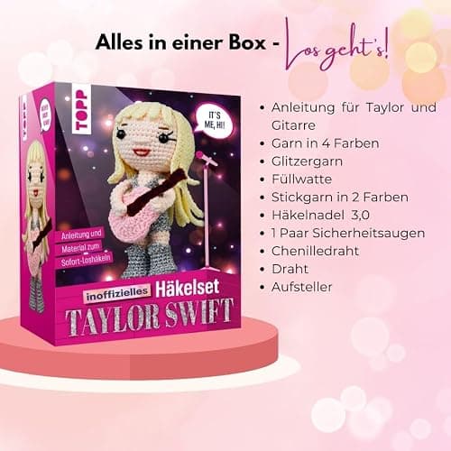 Taylor Swift. Das inoffizielle Häkelset: Anleitung, Misch-Garn in 4 Farben, Füllwatte, Häkelnadel 3,0 mm, Sicherheitsaugen, Chenilledraht, Draht, Aufsteller thumbnail 2