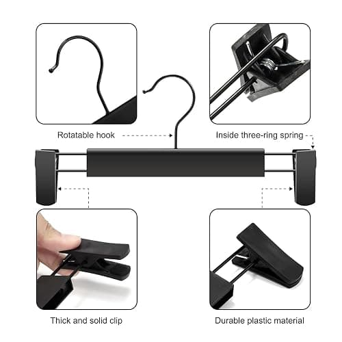GUANJUNE 10 Pack Clothes Pants Hangers, Space-Saving Skirt Holders with 360 ° Swivel Hooks, Adjustable Clips, Trouser Coat Garment Jeans Black - 10 Pack - Black thumbnail 2