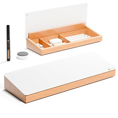 Glass Desktop Whiteboard with Wood Organizer for Small Office Accessories, Aesthetic Desk Dry Erase White Board with Drawer for Home Office Cubicle, Marker & Eraser Included, Yeoux - Image 1
