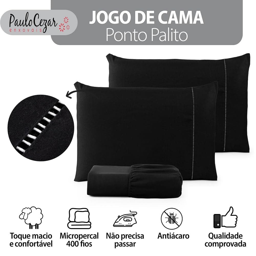 Jogo de Cama Casal Percal 400 Fios Ponto Palito 03 Peças, Antiácaro, Anti-pilling com Toque Macio - Preto - Preto thumbnail 2