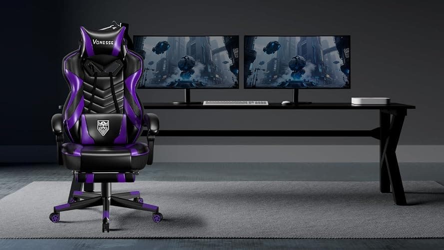 Vonesse Gaming Chair, Big and Tall Gaming Chair with Footrest and Massage, Gaming Chairs for Adults with Lumbar Support, Ergonomic High Back Computer Chair with Pocket Spring Cushion (Purple/Black) thumbnail 2