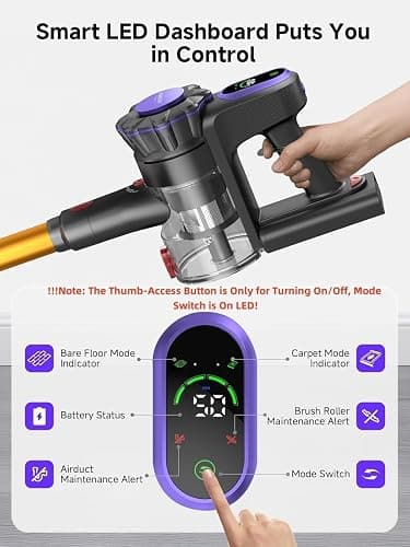 MONSGA Cordless Vacuum Cleaner, 45KPa 400W Stick Vacuum for Home, 50Mins Anti-Tangled Vacuum Cleaner with Charging Dock, Light-weighted Handheld Vacuum for Pet Hair/Carpet/Floor, LED Touch Display,MV3 thumbnail 5