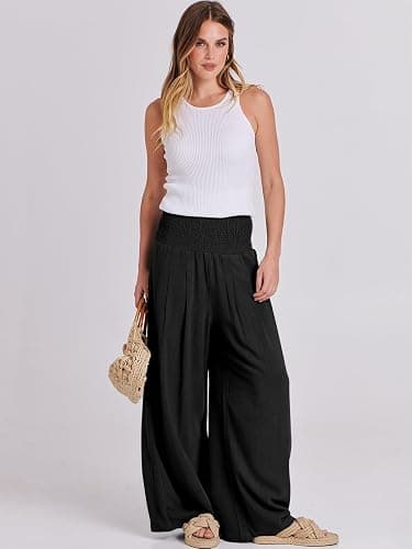 ANRABESS Women Linen Palazzo Wide Leg Pants with Pockets | Smocked High Waist，Comfort Casual Flowy Pants，Lounge Everyday Wear，Summer Boho Cute，2026 Beach Travel Vacation Outfits thumbnail 7