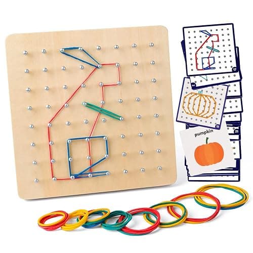 Coogam Wooden Geoboard Mathematical Manipulative Material Array Block Geo Board – Graphical Educational Toys with 30Pcs Pattern Cards and Latex Bands Shape STEM Puzzle Matrix 8x8 Brain Teaser for Kid - Image 1