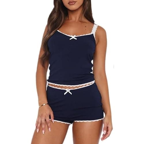 XBTCLXEBCO Women Sexy 2 Piece Pajama Set Sleeveless Lace Trim Crop Cami Top and Shorts Pj Set Y2K Sleepwear Lounge Outfits - Image 1