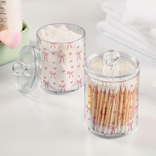 Gredecor 4 Pack Qtip Holder Clear Aesthetic Pink Ribbon Bow Apothecary Jars with Lids Acrylic Bathroom Jars Vanity Countertop Canister Storage Organizer for Cotton Ball,Swabs,Pads,Floss thumbnail 2