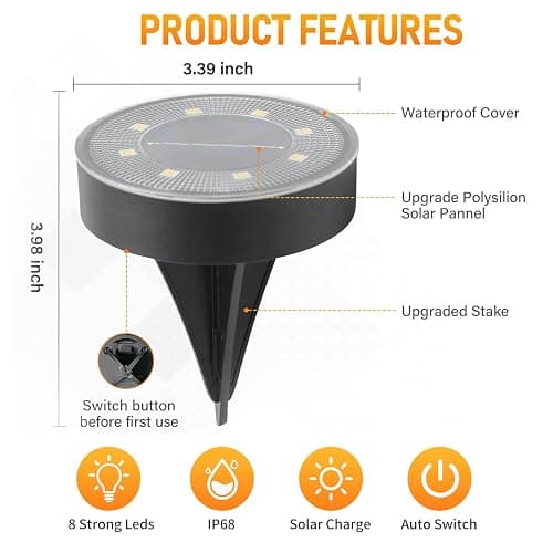 FocuSolar Ground Lights 8 Pack, IP68 Waterproof Solar Disc Lights for Outdoor, Flat Garden Light, In-Ground Light, Landscape Lighting for Pathway, Walkway, and Yard-8 Pcs (Blue) thumbnail 4