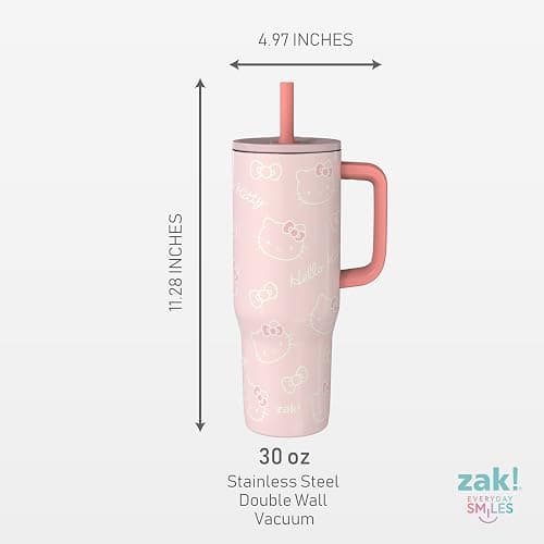 Zak Designs Sanrio Sutton Travel Tumbler for On the Go, 30oz Stainless Steel with Vacuum Insulation, Silicone Straw, and Carry Handle for Cold Drinks (Hello Kitty) thumbnail 3