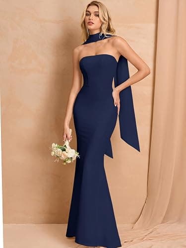 Women's Summer Bodycon Tube Wedding Guest Maxi Dresses for Bride with Scarf | 2026 Auraxe White Long Formal Strapless Bridemaid Dress Elegant Summer Spring Bridal Shower Engagement Party Wedding Dress thumbnail 3