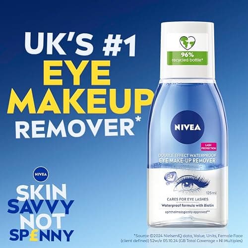 NIVEA Double Effect Waterproof Eye Make-Up Remover (125ml), Daily Use Face Cleanser for Make-Up and Mascara with Cornflower Extract and Biotin thumbnail 2