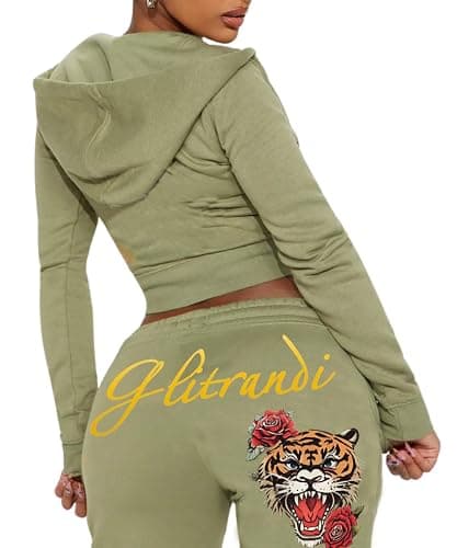 Glitrandi Womens 2 Piece Outfits Fashion Print Cropped Hoodies Jacket Sweatpants With Pockets Tracksuit For Women thumbnail 3