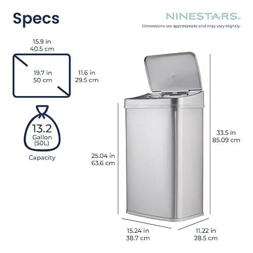 Ninestars 13 Gallon Automatic Trash Can, 50L Touchless Motion Sensor Garbage Can with Odor-Sealing Lid, Rectangular Stainless Steel, Silver Trim thumbnail 3