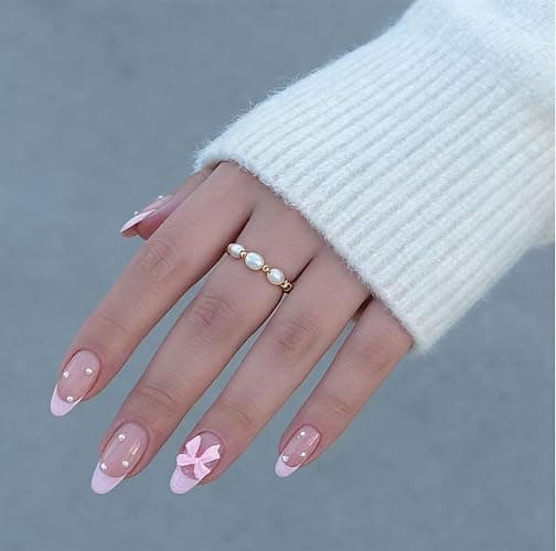 24Pcs Pink French Tip Press on Nails Almond Fake Nails with Bow Pearl Design Cute French False Nails Glossy Full Cover Artificial Acrylic Stick on Nails for Women Manicure Nail Decoration 24Pcs thumbnail 3