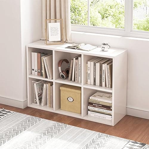 NELYE 6 Cube Organizer Bookcase - Fabric Storage Bins Container, Open Shelf Simple Compartments Bookshelf, White - Image 1