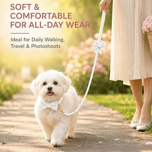 RoseYouth Dog Collar and Leash Set with Bowtie, Soft & Cute Puppy Collar, Cotton Puppy Collar with Adjustable Metal Buckle for Small, Medium Dog (White, Size S: Neck 10"-16") thumbnail 5