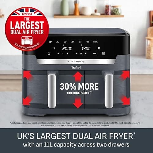 Tefal XXL 11L Dual Drawer Air Fryer, 7 Preset Programs, Oil-Free | 6.5L and 4.5L Drawers, Serves 8 to 10, Frying, Baking, Heating, Drying, 40-200C Manual Control, Dishwasher Safe thumbnail 4