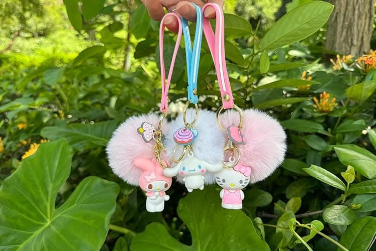 PaPiJoJo Cute Keychains for Girls, Kawaii Pom Pom Fuzzy Key Chain Accessories Wristlet Cartoon Keychain thumbnail 3
