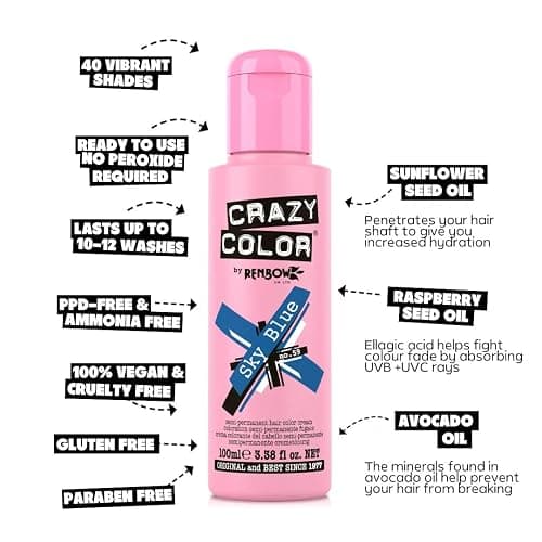 Crazy Color Vibrant Sky Blue Semi-Permanent Hair Dye. Highly Pigmented Cobalt Blue Conditioning & Oil Nourishing Vegan Formula | No Bleach or Ammonia | 100ml thumbnail 4