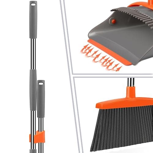 Broom and Dustpan Set for Home, Broom and Dustpan Combo for Office, Long Handle Broom with Upright Standing Dust pan,Indoor&Outdoor Sweeping (Gray&Orange) thumbnail 4