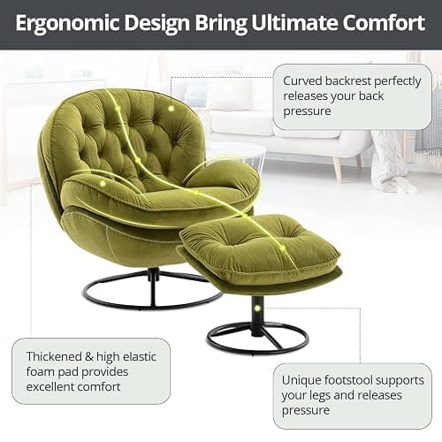 Velvet Swivel Accent Chair with Ottoman Set, Modern Lounge Chair with Metal Base Frame & Footrest, Comfy Single Leisure Sofa Chair Reading Chair with 360 Degree Swiveling for Living Room, Fruit Green thumbnail 4