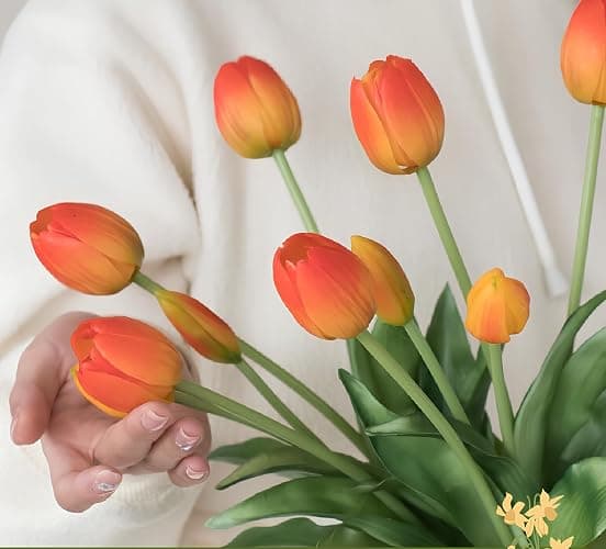 15 Pcs Orange tulips artificial flowers faux tulips real touch Latex | Fake Flower Bouquet for Wedding Dining Table Living Room Home Décor Centerpiece Arrangements thumbnail 4