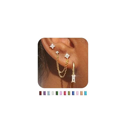 Gold Chain Stud Earrings for Women Trendy Minimalist 14K Gold Small Huggie Hoop Birthstone Earring Sets for Multiple Piercing Hypoallergenic Earring Stacks - Image 1