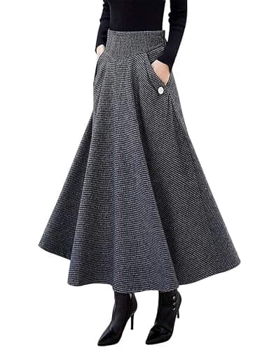 IDEALSANXUN Women’s Fall Winter High Waisted Wool Plaid A-line Long Skirt - Image 1