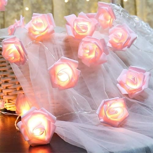 RECUTMS Rose Fairy String Lights, 20 LED Pink Flower Indoor Battery Powered Lights Gifts for Valentine's Day Wedding Home Outdoor Bedroom Girls Mother's Day Anniversary Birthday Party Decorations - Apink - Image 1