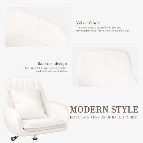 HDHNBA Mid Back Velvet Vanity Chair Swivel Rolling Desk Chair with Wheels, Modern Upholstered Makeup Chair for Women Girls, Computer Task Chair for Bedroom Living Room Office, White thumbnail 4