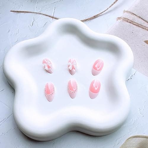 24 Pcs French Tip Press On Nails - Short Almond Bow Fake Nails with Pearl Designs - White French Tip False Nails - Reusable Artificial Nails for Women & Girls thumbnail 2