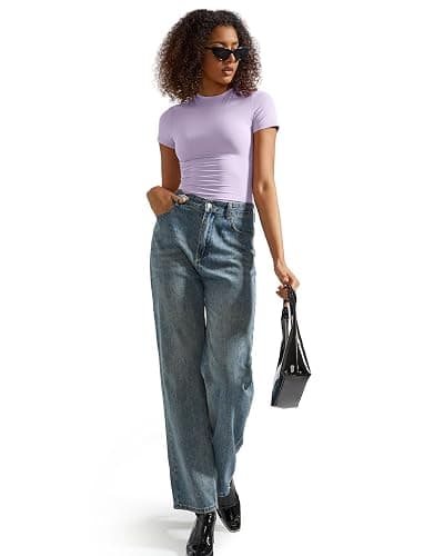 SUUKSESS Women Double Lined Fitted Basic Tee Crew Neck Short Sleeve Y2K Crop Top thumbnail 6