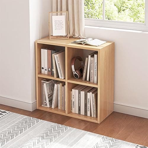 NELYE 4 Cube Organizer Bookcase - Fabric Storage Bins Container, Open Shelf Simple Compartments Bookshelf, Oak - 4-Cube - Oak - Image 1
