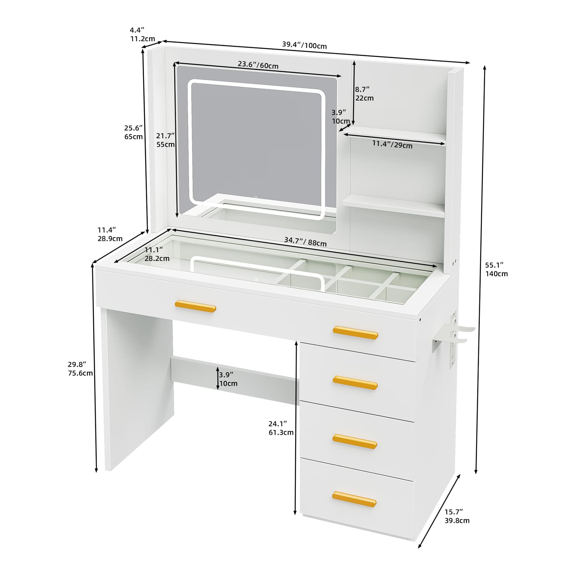YITAHOME Makeup Table with Lighting, Dressing Table with Mirror, Dressing Table with Stool, Colours with Adjustable Brightness, Dressing Table with 5 Drawers, Open Compartments, Vanity Table, White thumbnail 3