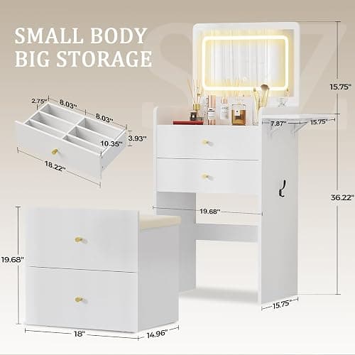 COMHOMA Makeup Vanity Desk with Mirror and Lights, Small 3 in 1 Vanity Table with Visible Glass Top, Flip Top & 3 Drawers, Compact Dressing with Storage Stool for Room or Office thumbnail 2