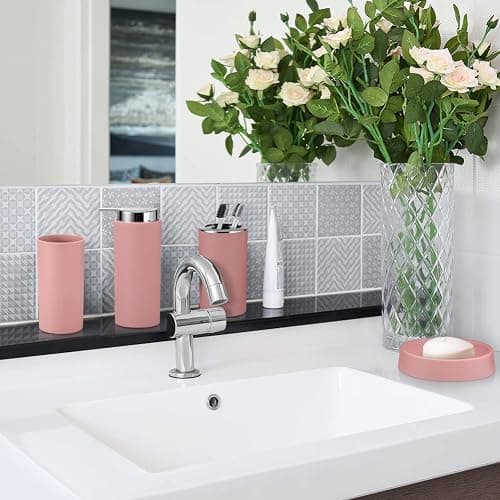 Otostar Bathroom Accessory Set Plastic Bathroom Accessories Set with Soap Dispenser Toothbrush Holder Qtip Holder Tumbler Soap Dish Toilet Brush Holder Trash Can Housewarming Gifts Bath Set (Pink) thumbnail 2